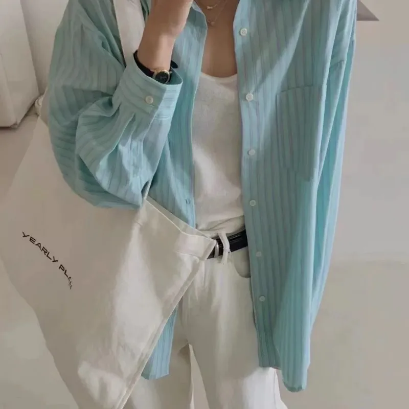 Women Mint Green Striped Oversized Shirt Long Sleeve Button Down Casual Blouse
Women Mint Green Striped Oversized Shirt Long Sleeve Button Down Casual Blouse