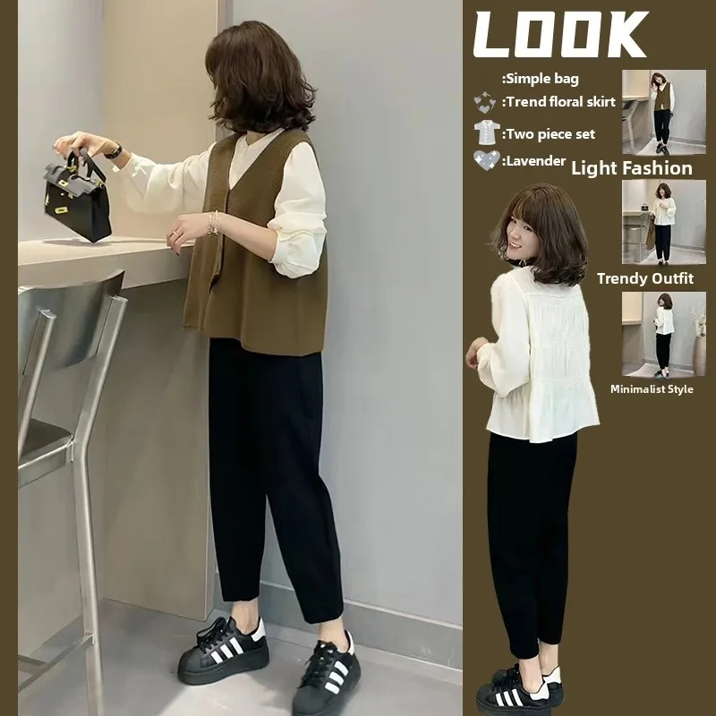 Fashionable Knitted Set Women's White Long Sleeve Shirt Sleeveless Black Wide Leg Pants High Waist Nine Points Pants Autumn Wear
Fashionable Knitted Set Women's White Long Sleeve Shirt Sleeveless Black Wide Leg Pants High Waist Nine Points Pants Autumn Wear