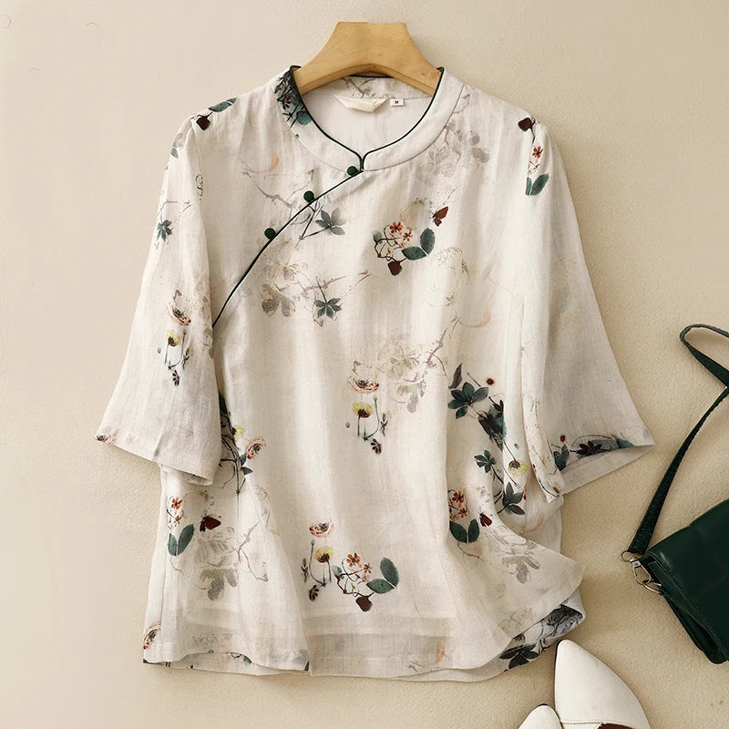 Spring Summer Retro Floral Print Shirt Casual Loose Half Sleeve Women Blouse Stand Collar Cotton Linen Tops
Spring Summer Retro Floral Print Shirt Casual Loose Half Sleeve Women Blouse Stand Collar Cotton Linen Tops