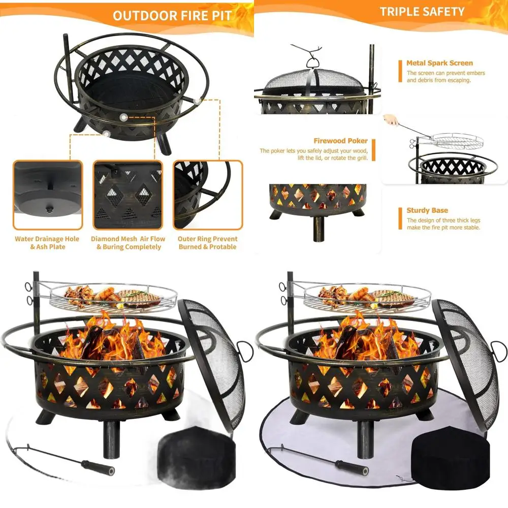 30 Inch Round Steel Outdoor Fire Pit with Grill, Mat, and Spark Screen - Perfect for Patio, Backyard, and Garden, Includes Poker
30 Inch Round Steel Outdoor Fire Pit with Grill, Mat, and Spark Screen - Perfect for Patio, Backyard, and Garden, Includes Poker