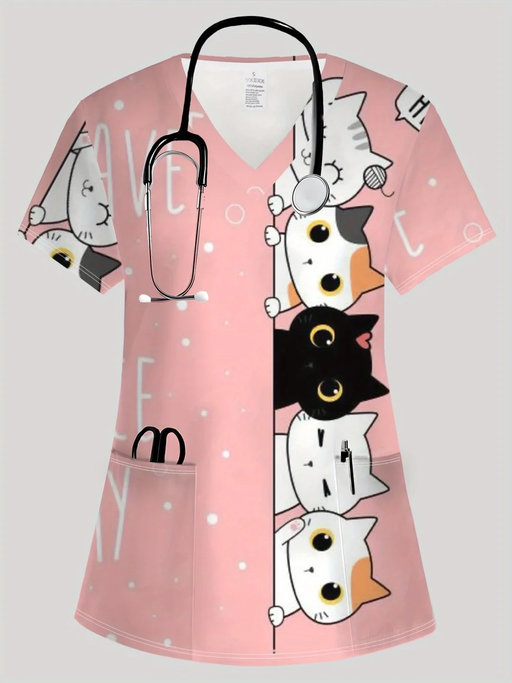 Summer Womens Fashion V-Neck Short Sleeve Uniform Pockets Tops Cute Cat Pattern Print Comfortable Vet Clinical Uniforms Woman
Summer Womens Fashion V-Neck Short Sleeve Uniform Pockets Tops Cute Cat Pattern Print Comfortable Vet Clinical Uniforms Woman