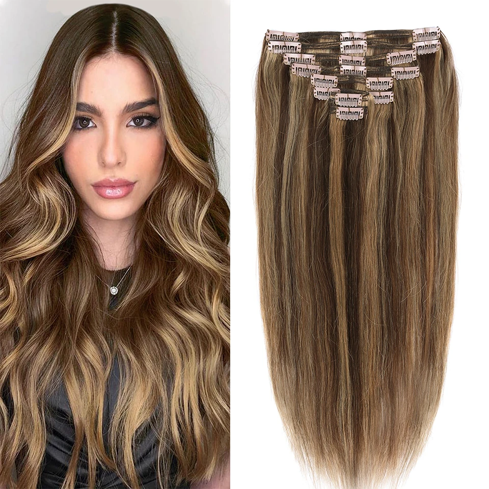 #4p27 Color Clip in Hair Extensions 8pcs Double Weft 100% Human Hair Full Head Hair Extensions 18 Clips Hair 10"-24"For Women
#4p27 Color Clip in Hair Extensions 8pcs Double Weft 100% Human Hair Full Head Hair Extensions 18 Clips Hair 10"-24"For Women