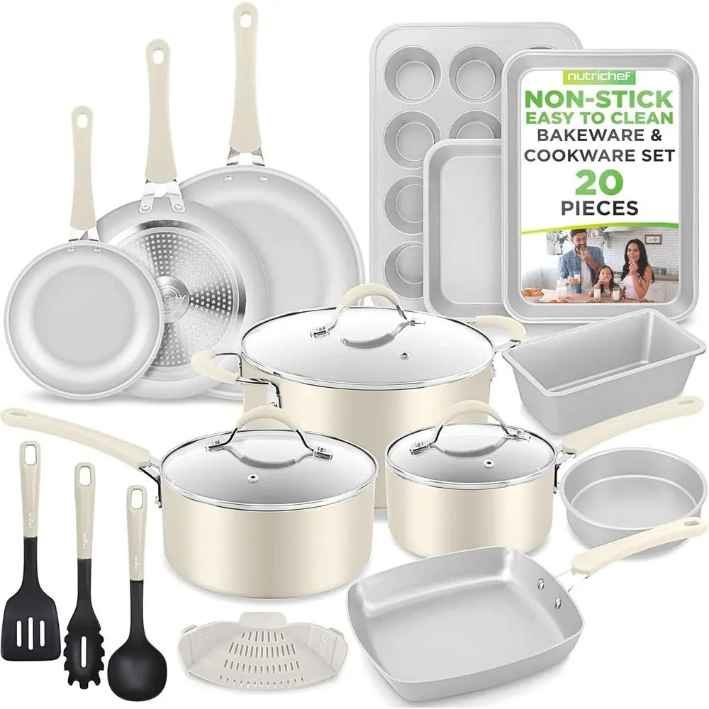 20-Piece Nonstick Cookware Set with Bakeware and Utensils, Induction-Ready, Tempered Glass Lids, Easy Clean (White)
20-Piece Nonstick Cookware Set with Bakeware and Utensils, Induction-Ready, Tempered Glass Lids, Easy Clean (White)