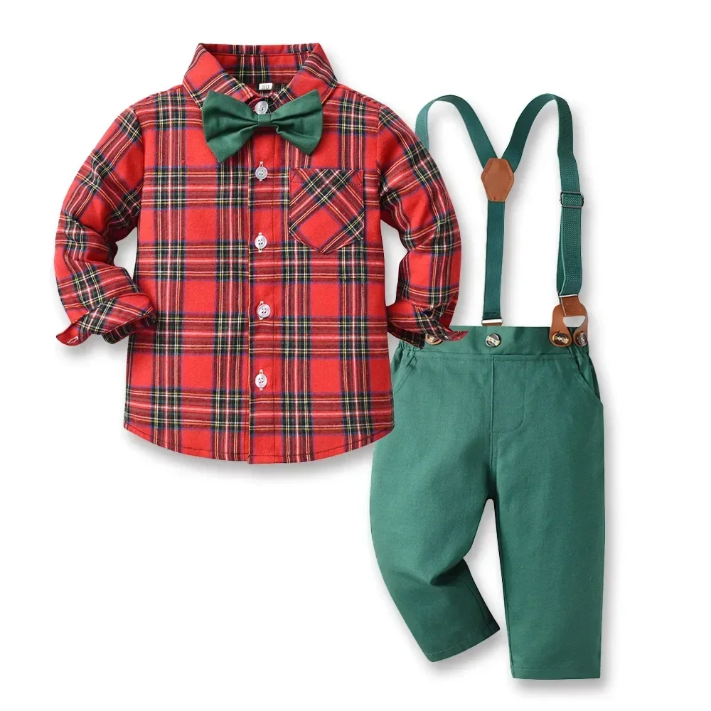 Boys' Set New Children's Christmas Gentlemen Dress Long Sleeve Plaid Shirt Autumn Winter Green Strap Pants Kid Boutique Outfits
Boys' Set New Children's Christmas Gentlemen Dress Long Sleeve Plaid Shirt Autumn Winter Green Strap Pants Kid Boutique Outfits
