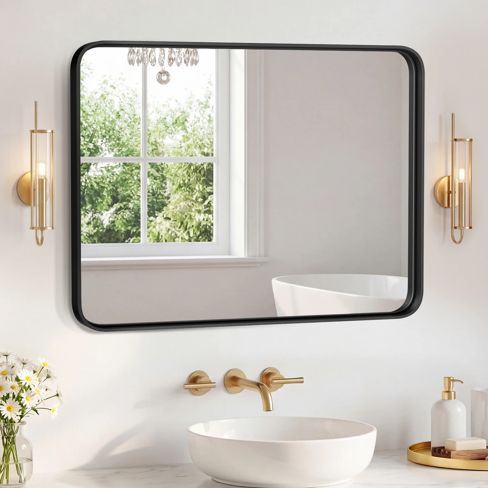 Bathroom Mirror 31.89x39.76 Inch Black Metal Frame Rectangle Vanity Mirror with Rounded Corners, Modern Wall Mounted Anti-Rust Mirror for Farmhouse, Restroom, Entryway, Horizontal or Vertical Hanging
Bathroom Mirror 31.89x39.76 Inch Black Metal Frame Rectangle Vanity Mirror with Rounded Corners, Modern Wall Mounted Anti-Rust Mirror for Farmhouse, Restroom, Entryway, Horizontal or Vertical Hanging