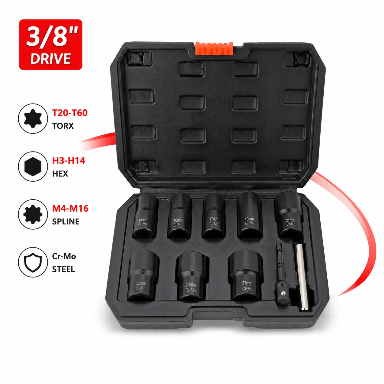 Professional 3/8-Inch Drive Socket Assortment, T20-60/H3-14/M4-16 Torx/Hex/Spline Kit With Red Storage Case ForAutomotive Repair
Professional 3/8-Inch Drive Socket Assortment, T20-60/H3-14/M4-16 Torx/Hex/Spline Kit With Red Storage Case ForAutomotive Repair
