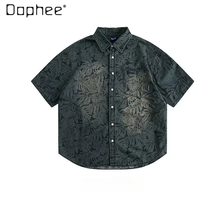 Men's Amercian Vintage Tropical Leaf Print Denim Short Sleeve Shirt Casual Loose Streetwear Button Down Top for Summer
Men's Amercian Vintage Tropical Leaf Print Denim Short Sleeve Shirt Casual Loose Streetwear Button Down Top for Summer