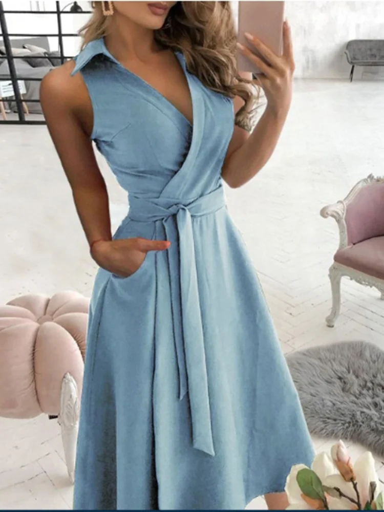 V-neck Lace Up Short Sleeved Solid Color Pocket Women's Dress Elegant Office Fashion Commuting Style Summer Dress
V-neck Lace Up Short Sleeved Solid Color Pocket Women's Dress Elegant Office Fashion Commuting Style Summer Dress