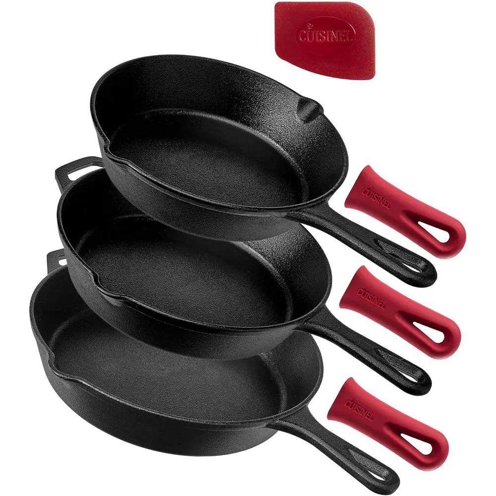 Cast Iron Skillet Set - 8" + 10" + 12"-Inch Pre-Seasoned rying Pans + Silicone Handle Grip Covers - Use Indoor/Outdoor, Oven, Gr
Cast Iron Skillet Set - 8" + 10" + 12"-Inch Pre-Seasoned rying Pans + Silicone Handle Grip Covers - Use Indoor/Outdoor, Oven, Gr