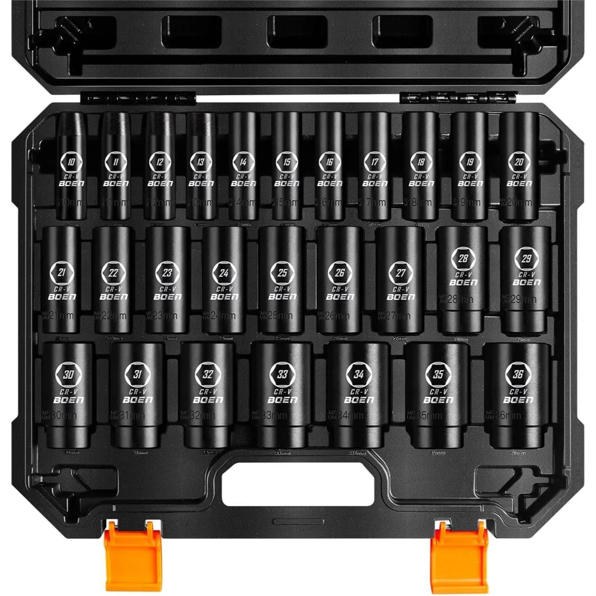 1/2" Drive Metric Impact Socket Set, 27-Piece Deep Sockets 10-36mm, CR-V Steel with Portable Case
1/2" Drive Metric Impact Socket Set, 27-Piece Deep Sockets 10-36mm, CR-V Steel with Portable Case