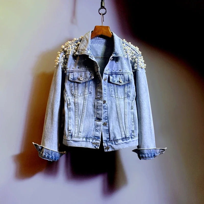 Spring Women Fashion Slim Short Jeans Jacket Vintage Washed Light Blue Cowboy Outwear Pearl Beaded Lapel Long Sleeve Denim Coat
Spring Women Fashion Slim Short Jeans Jacket Vintage Washed Light Blue Cowboy Outwear Pearl Beaded Lapel Long Sleeve Denim Coat