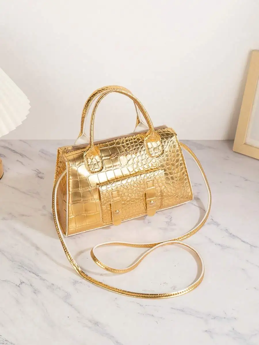 Gold Crocodile-Embossed Top-Handle Crossbody Bag with Adjustable Strap
Gold Crocodile-Embossed Top-Handle Crossbody Bag with Adjustable Strap