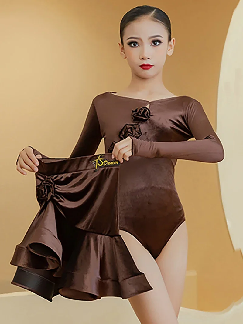 Coffee Kids Girls Long Sleeve Velvet Latin Dance Performance Waltz Competition Dancewear Children Bodysuit and Skirts Costume
Coffee Kids Girls Long Sleeve Velvet Latin Dance Performance Waltz Competition Dancewear Children Bodysuit and Skirts Costume