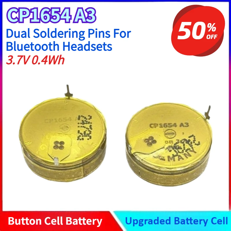 New CP1654 A3 Dual Soldering Pins 108mAh 3.7V 0.4Wh Rechargeable Button Cell Battery for Bluetooth Headsets
New CP1654 A3 Dual Soldering Pins 108mAh 3.7V 0.4Wh Rechargeable Button Cell Battery for Bluetooth Headsets
