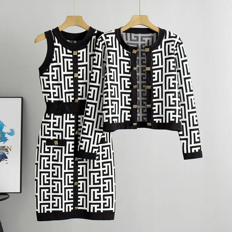 Women Suit Knitted Sweaters and Dress Two Pieces Set 2024 New Spring Autumn Elegant Casual Knitwear Cardigans Jumpers Pull Femme
Women Suit Knitted Sweaters and Dress Two Pieces Set 2024 New Spring Autumn Elegant Casual Knitwear Cardigans Jumpers Pull Femme