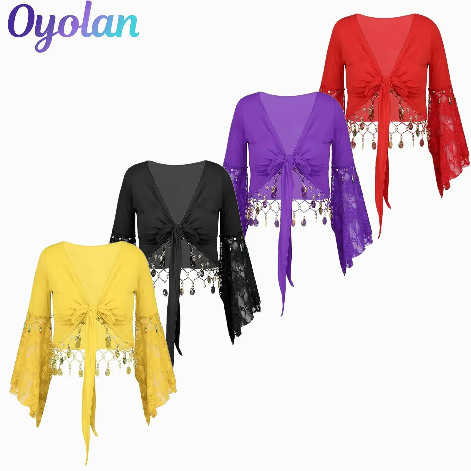 Womens Cardigan Indian Belly Dance Costume Lace Three Quarter Flare Sleeve Bell Bead Tassel Lace-Up Shawl Crop Tops Cardigan 
Womens Cardigan Indian Belly Dance Costume Lace Three Quarter Flare Sleeve Bell Bead Tassel Lace-Up Shawl Crop Tops Cardigan