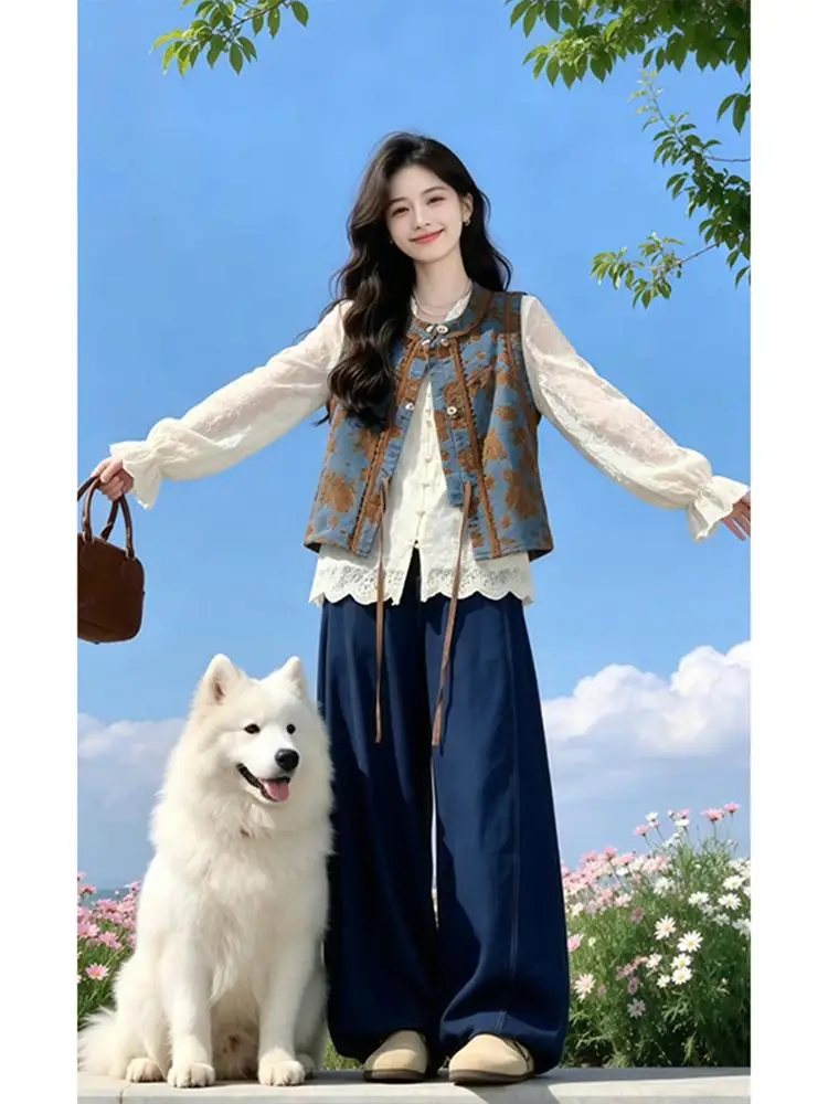 Spring and Autumn Art Style Jacquard Cowboy Vest+Embroidered Shirt+Lantern Pants Three Piece Set
Spring and Autumn Art Style Jacquard Cowboy Vest+Embroidered Shirt+Lantern Pants Three Piece Set