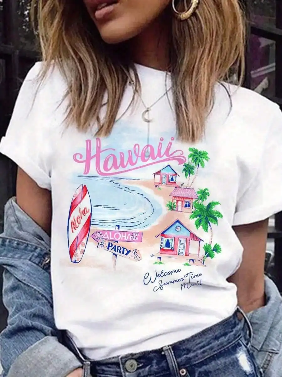 Concise Women's Hawaiian Beach Print-Shirt - Short-Sleeved, Round-Neck Summer Top Featuring Hawaiian Scenery And Tree Patterns, Casual Vacation Wear And Hawaiian-Themed Outfits. , Comfortable Women's Hawaiian Shirt Made Of
Concise Women's Hawaiian Beach Print-Shirt - Short-Sleeved, Round-Neck Summer Top Featuring Hawaiian Scenery And Tree Patterns, Casual Vacation Wear And Hawaiian-Themed Outfits. , Comfortable Women's Hawaiian Shirt Made Of