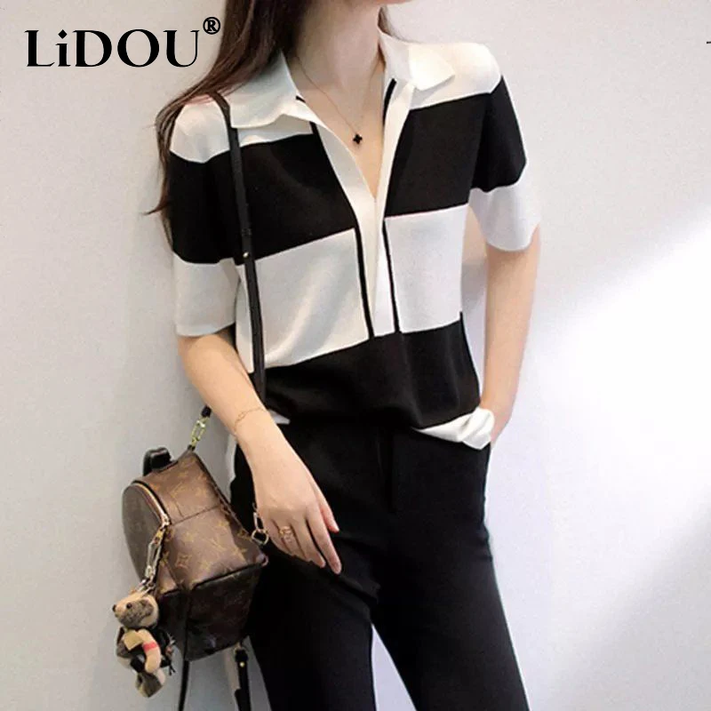 Summer Oversized Polo-neck Striped Print Casual Fashion Knitting T-shirt Women's Short Sleeve Loose All-match Pullover Top Tee
Summer Oversized Polo-neck Striped Print Casual Fashion Knitting T-shirt Women's Short Sleeve Loose All-match Pullover Top Tee
