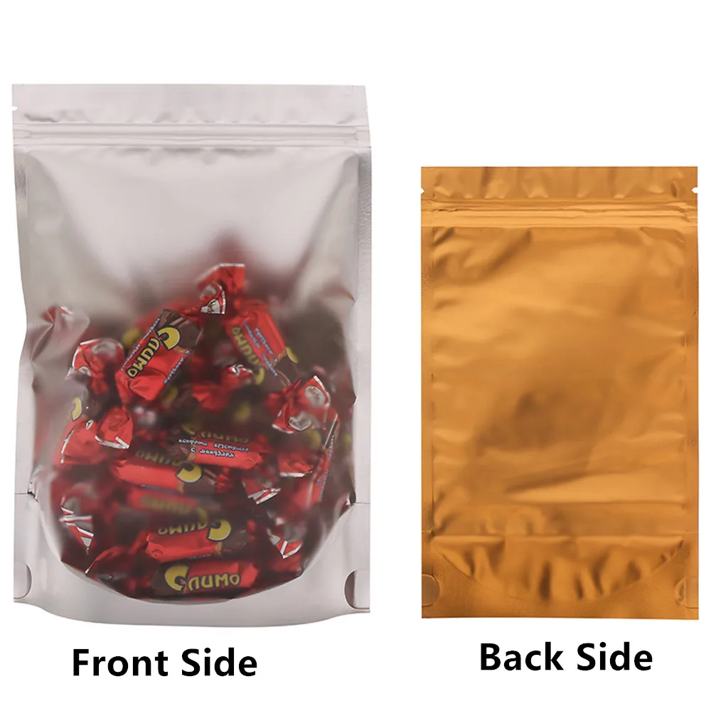 100pcs Back Side Dark Gold Stand Aluminum Foil Zip Lock Bags with Matte Clear Front - Zipper Reusable Plastic Food Grade Pouches
100pcs Back Side Dark Gold Stand Aluminum Foil Zip Lock Bags with Matte Clear Front - Zipper Reusable Plastic Food Grade Pouches