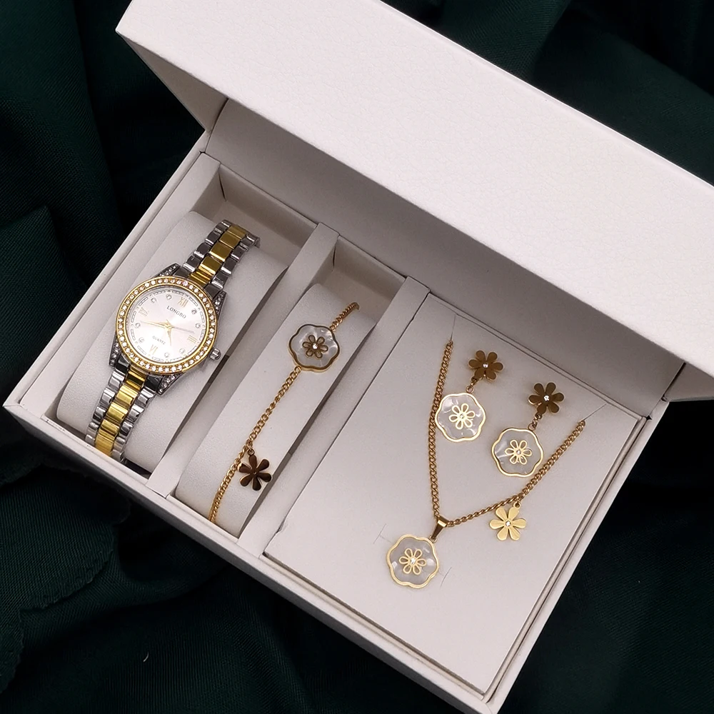 Women Quartz Watch With Flower Jewelry Set For Women Rhinestone Watch Steel Clock Necklace Bracelet Earrings Ring Set + Box
Women Quartz Watch With Flower Jewelry Set For Women Rhinestone Watch Steel Clock Necklace Bracelet Earrings Ring Set + Box