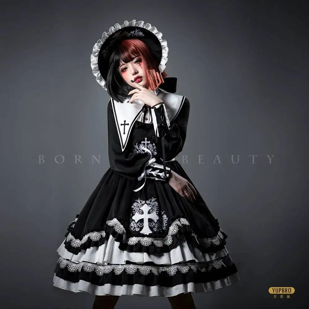 Gothic Nun Lolita OP Dress Black White Cross Embroidery Ruffle Lace Princess Costume Halloween Cosplay Party Outfit
Gothic Nun Lolita OP Dress Black White Cross Embroidery Ruffle Lace Princess Costume Halloween Cosplay Party Outfit
