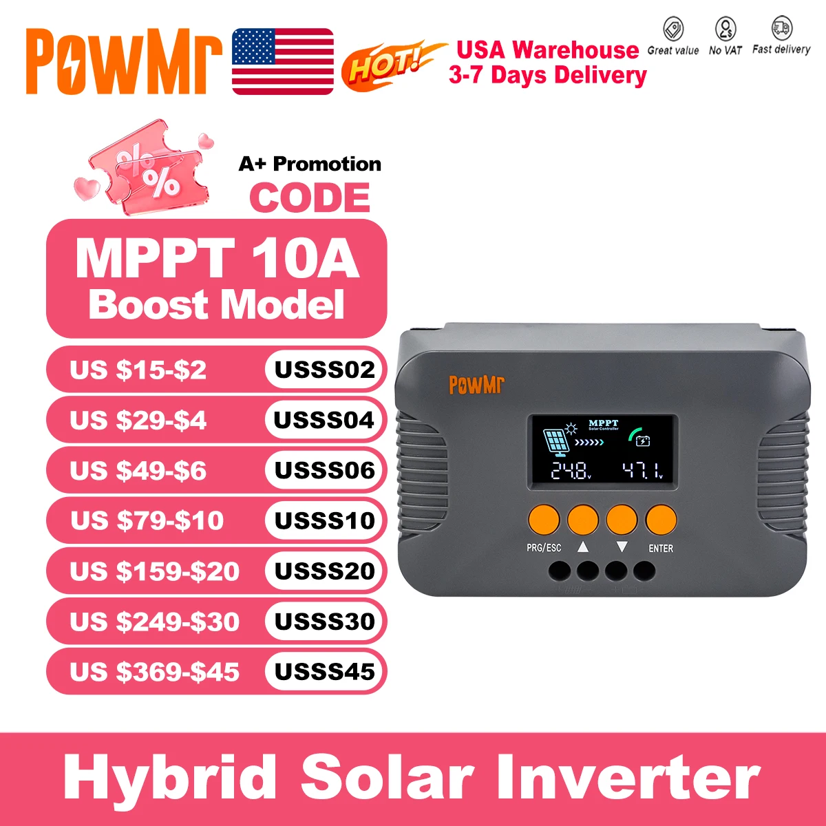 PowMr 10A MPPT Solar Charge Controller Compatible With 24V/36V/48V/60V/72V Battery Can Adaptive Boost Charge IP32 LCD Display
PowMr 10A MPPT Solar Charge Controller Compatible With 24V/36V/48V/60V/72V Battery Can Adaptive Boost Charge IP32 LCD Display