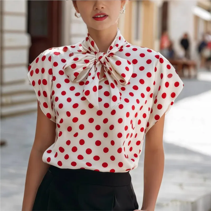 Women Elegance Shirt 2026 Summer Dot Pattern Print Blouse with Bow Tie Collar Short Sleeve Tops Casual Streetwear Y2k Clothing
Women Elegance Shirt 2026 Summer Dot Pattern Print Blouse with Bow Tie Collar Short Sleeve Tops Casual Streetwear Y2k Clothing
