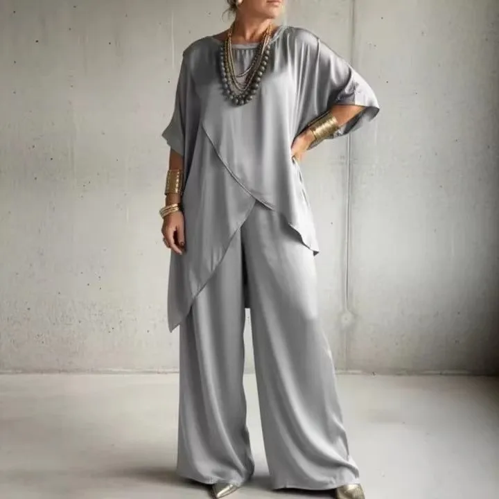 2 Pieces Set For Woman T Shirt Women's 2-piece Set Satin Tee Two Piece Wide Leg Pants Top Round Neck T-Shirt Loose Fit Womens
2 Pieces Set For Woman T Shirt Women's 2-piece Set Satin Tee Two Piece Wide Leg Pants Top Round Neck T-Shirt Loose Fit Womens