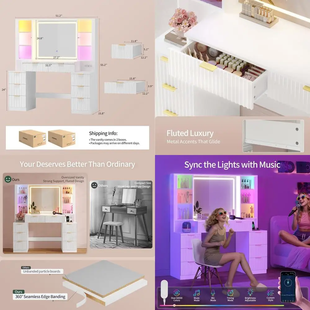 Large White Wood Makeup Vanity Desk with Mirror, LED Lights, 8 Drawers, Charging Station for Women
Large White Wood Makeup Vanity Desk with Mirror, LED Lights, 8 Drawers, Charging Station for Women