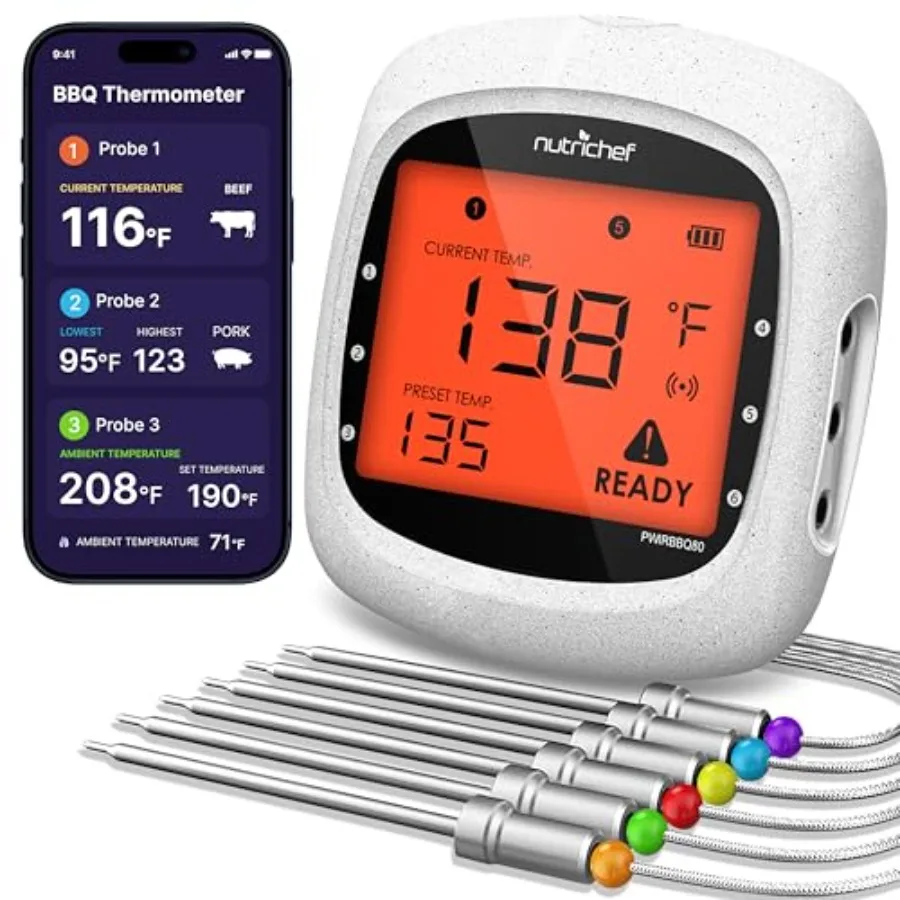 Bluetooth Meat Thermometer for Grilling and Smoking with 6 Wireless Meat Probes 6 Channels with LCD Display
Bluetooth Meat Thermometer for Grilling and Smoking with 6 Wireless Meat Probes 6 Channels with LCD Display