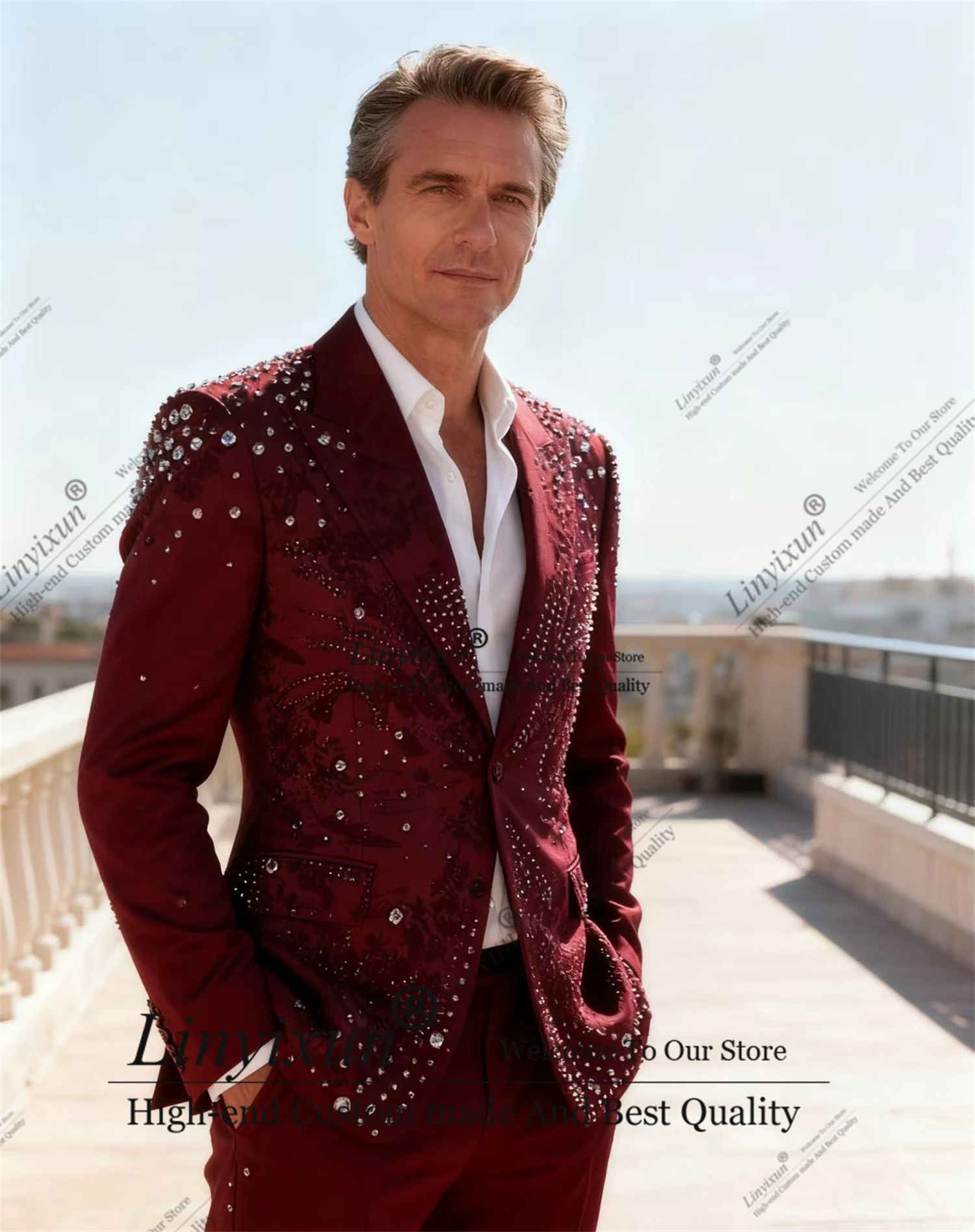 Elegant Crystals Men Suits Peaked Lapel Groom Tuxedos 2 Pieces Jacquard Fabric Party Prom Blazer Customized Costume Homme
Elegant Crystals Men Suits Peaked Lapel Groom Tuxedos 2 Pieces Jacquard Fabric Party Prom Blazer Customized Costume Homme