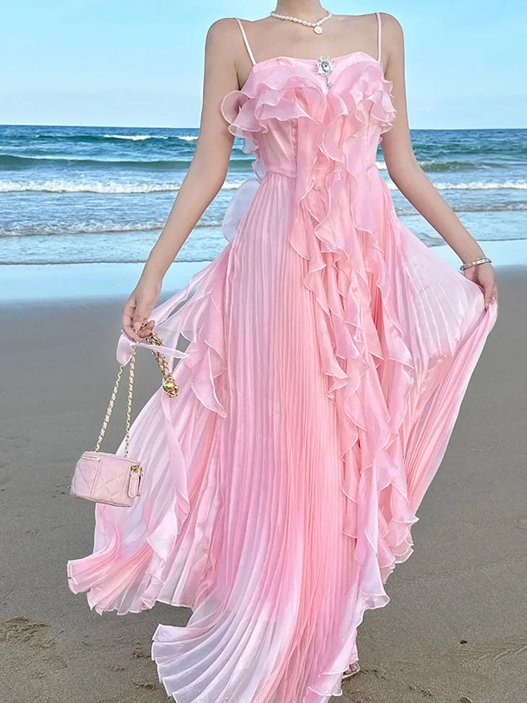 Women's Temperament Pink Ruffles Pleated Dress 2025 New Summer Elegant Fashion Sexy Sling Evening Party Long Dress Vestidos
Women's Temperament Pink Ruffles Pleated Dress 2025 New Summer Elegant Fashion Sexy Sling Evening Party Long Dress Vestidos