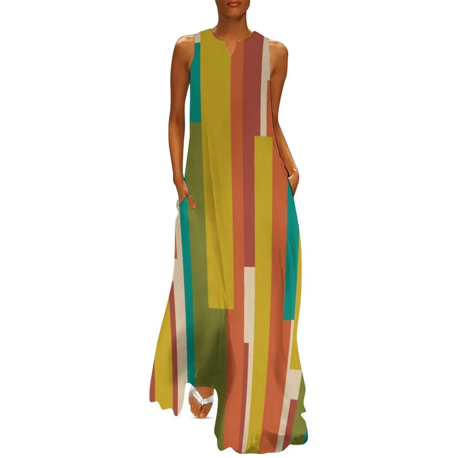 Midcentury Modern Vertical Geometric Pattern in Mid Mod Teal, Olive, Mustard, Orange, and Beige Long Dress
Midcentury Modern Vertical Geometric Pattern in Mid Mod Teal, Olive, Mustard, Orange, and Beige Long Dress