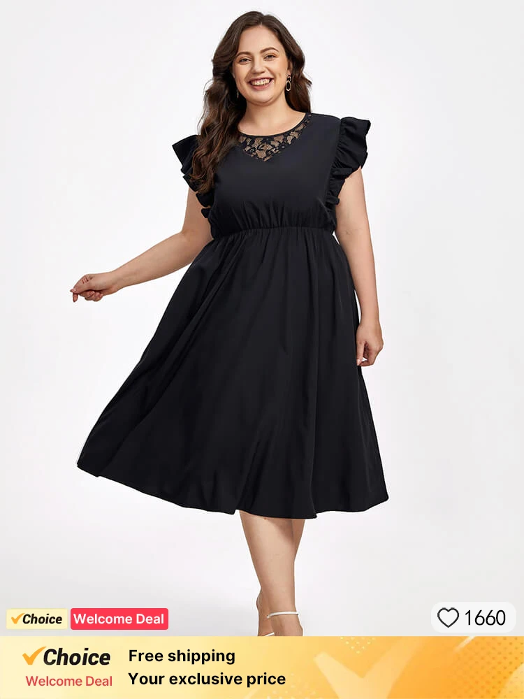 Plus Sized Clothing Elegant Summer Dress Women Ruffle Sleeve Midi Dress Lace Patchwork Elastic Waist Pocket Casual Dress
Plus Sized Clothing Elegant Summer Dress Women Ruffle Sleeve Midi Dress Lace Patchwork Elastic Waist Pocket Casual Dress