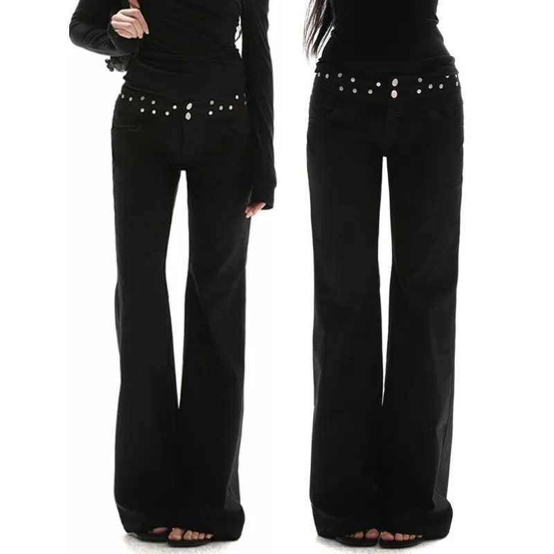 American Retro Y2k Low Waist Rivet Black Jeans Women Summer Slim Flared Floor Length Jeans Hot Girl Chic Streetwear Daily Casual
American Retro Y2k Low Waist Rivet Black Jeans Women Summer Slim Flared Floor Length Jeans Hot Girl Chic Streetwear Daily Casual