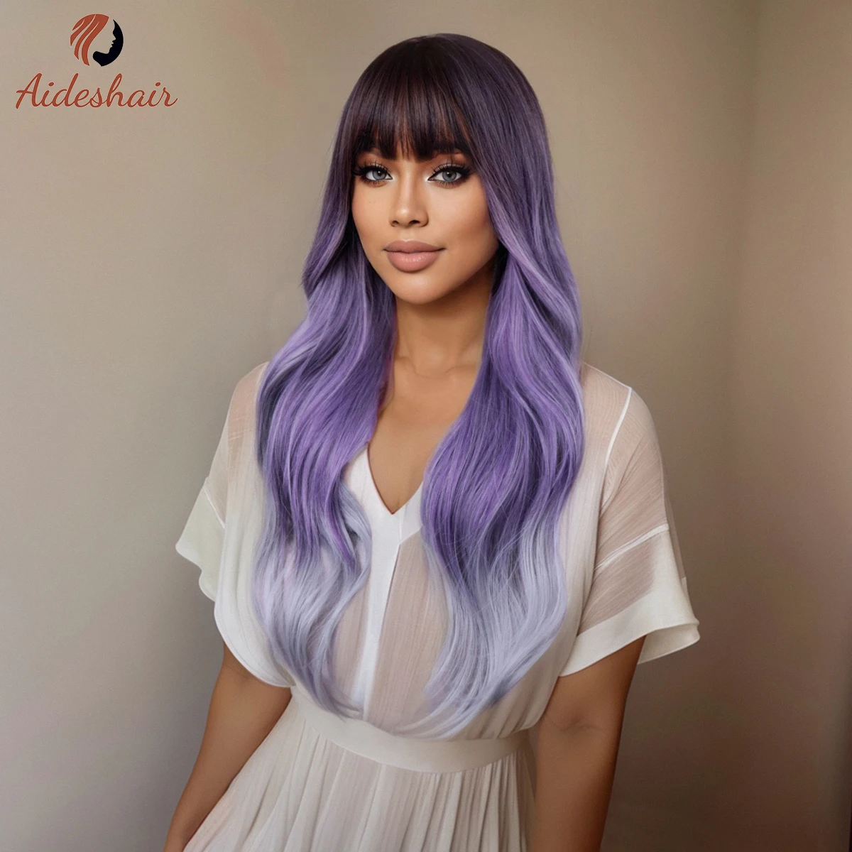 Purple highlights straight bangs wavy wig for women Heat-resistant fiber synthetic wig for daily party use
Purple highlights straight bangs wavy wig for women Heat-resistant fiber synthetic wig for daily party use