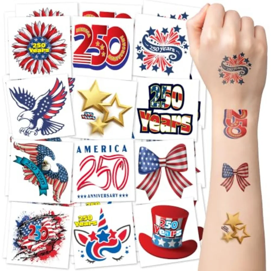 Patriotic 250th Anniversary Tattoos for,Set of 144, USA Temporary Tattoo Stickers in Assorted 12 Designs, Party Favors Gifts fo
Patriotic 250th Anniversary Tattoos for,Set of 144, USA Temporary Tattoo Stickers in Assorted 12 Designs, Party Favors Gifts fo