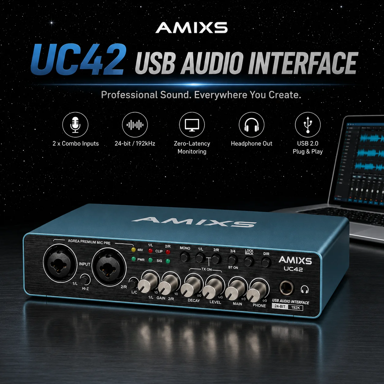 AMIXS UC42 Audio Interface for Recording Computer Free Drive USB External Sound Card for Pc Audio Equipment Professional Video
AMIXS UC42 Audio Interface for Recording Computer Free Drive USB External Sound Card for Pc Audio Equipment Professional Video