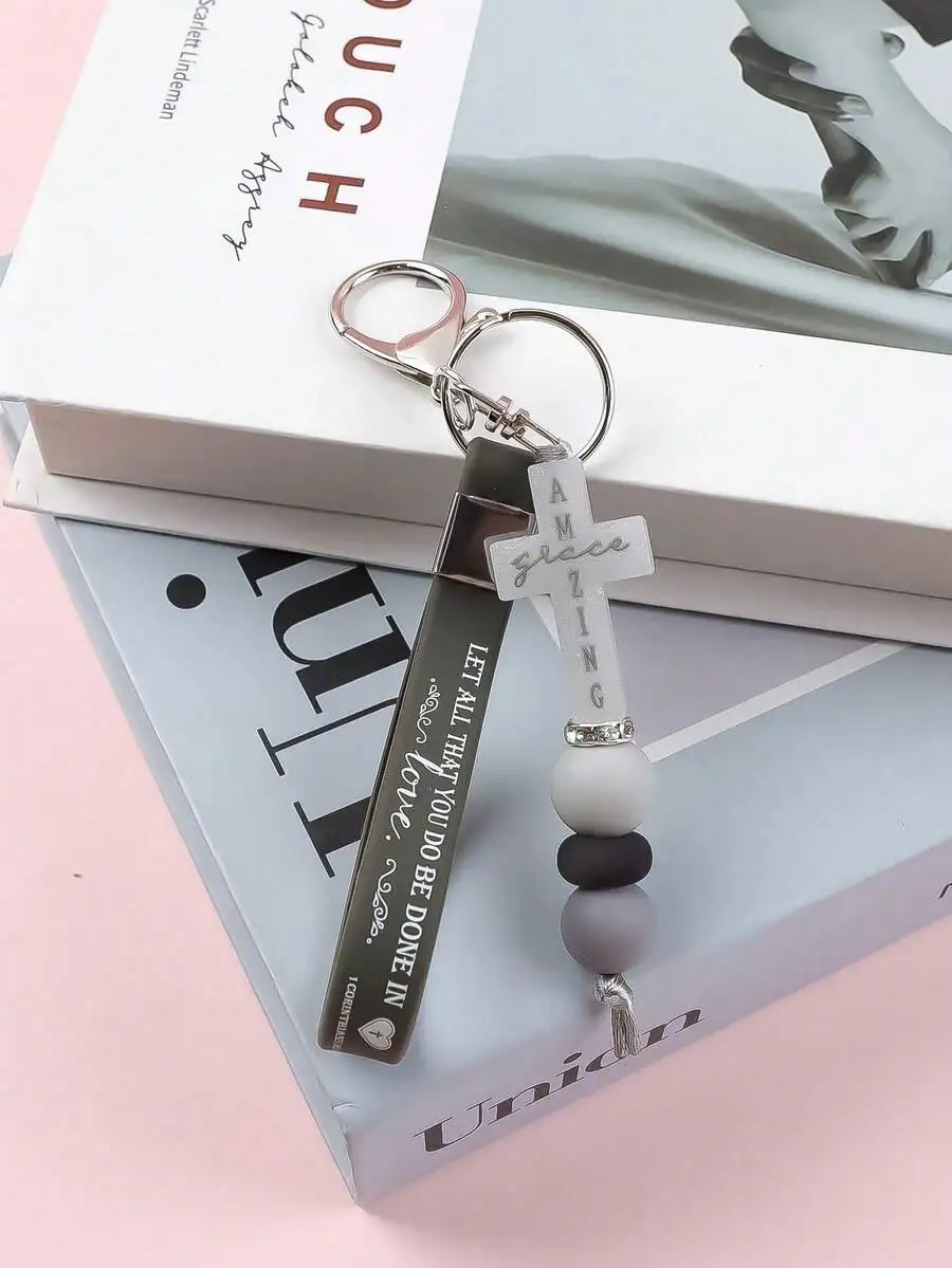 Christian Cross Keychain With Silicone Beads And Bible Verse PVC Tag
Christian Cross Keychain With Silicone Beads And Bible Verse PVC Tag