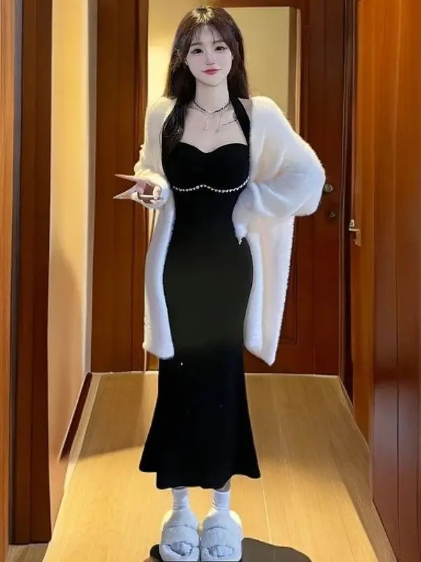 Elegant Women's Spring Autumn Long Sleeve Open Cardigan And Strap Dress Two Piece Set Comfortable Slim Fit mid Length Skirt
Elegant Women's Spring Autumn Long Sleeve Open Cardigan And Strap Dress Two Piece Set Comfortable Slim Fit mid Length Skirt