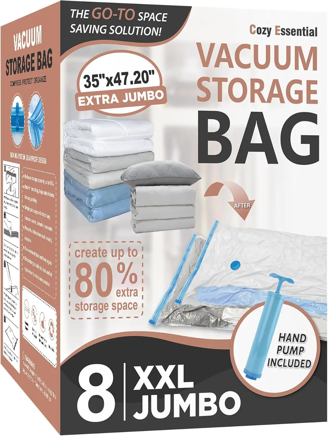Extra Large Vacuum Storage Bags 8 Pack, Jumbo Space Saver for Comforters, Blankets, Toys (47.2x35 in)
Extra Large Vacuum Storage Bags 8 Pack, Jumbo Space Saver for Comforters, Blankets, Toys (47.2x35 in)