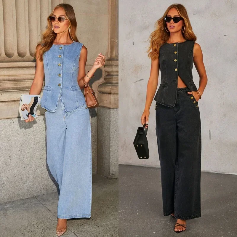 Women Jeans 2 Piece Set Denim Waistcoat Vest Sleeveless Single Breasted Distressed Suit Wide Leg Pants 2025 Streetwear Outfits
Women Jeans 2 Piece Set Denim Waistcoat Vest Sleeveless Single Breasted Distressed Suit Wide Leg Pants 2025 Streetwear Outfits