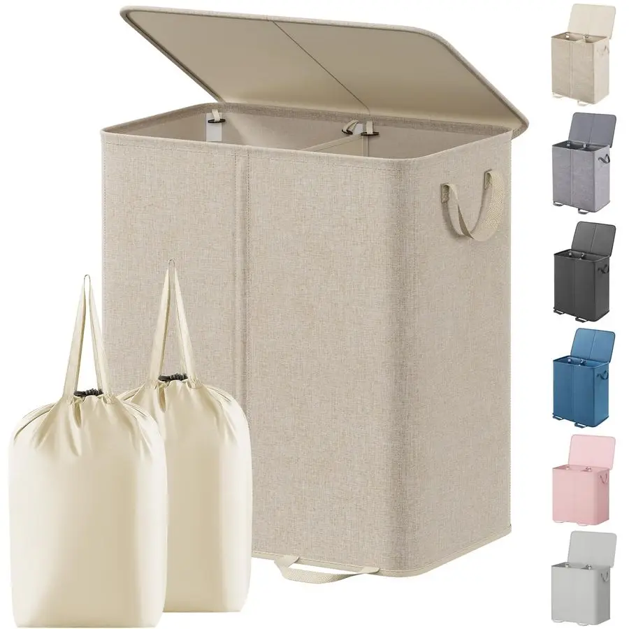 Двойная корзина для белья с крышкой и съемными мешками, большая складная корзина для грязного белья с 2 отделениями и ручками
Двойная корзина для белья с крышкой и съемными мешками, большая складная корзина для грязного белья с 2 отделениями и ручками