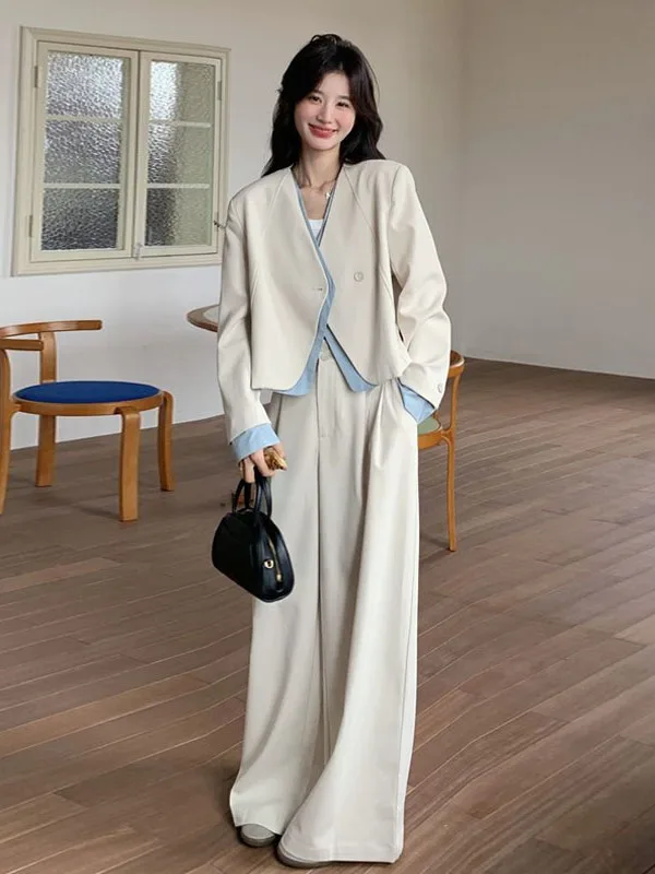 Women's Casual Versatile Two-Piece Suit Wide Leg Pants Set Fake Two-Piece Long Sleeve V-Neck Buttoning Fashionable Spring 2025
Women's Casual Versatile Two-Piece Suit Wide Leg Pants Set Fake Two-Piece Long Sleeve V-Neck Buttoning Fashionable Spring 2025