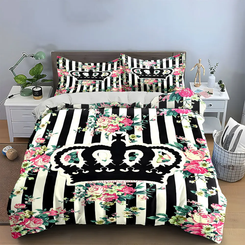 Black White Vertical Stripe Pink Rose Crown Bedding Set,Vintage Floral Queen Crown Print Duvet Set For Romantic Bedroom Decor
Black White Vertical Stripe Pink Rose Crown Bedding Set,Vintage Floral Queen Crown Print Duvet Set For Romantic Bedroom Decor