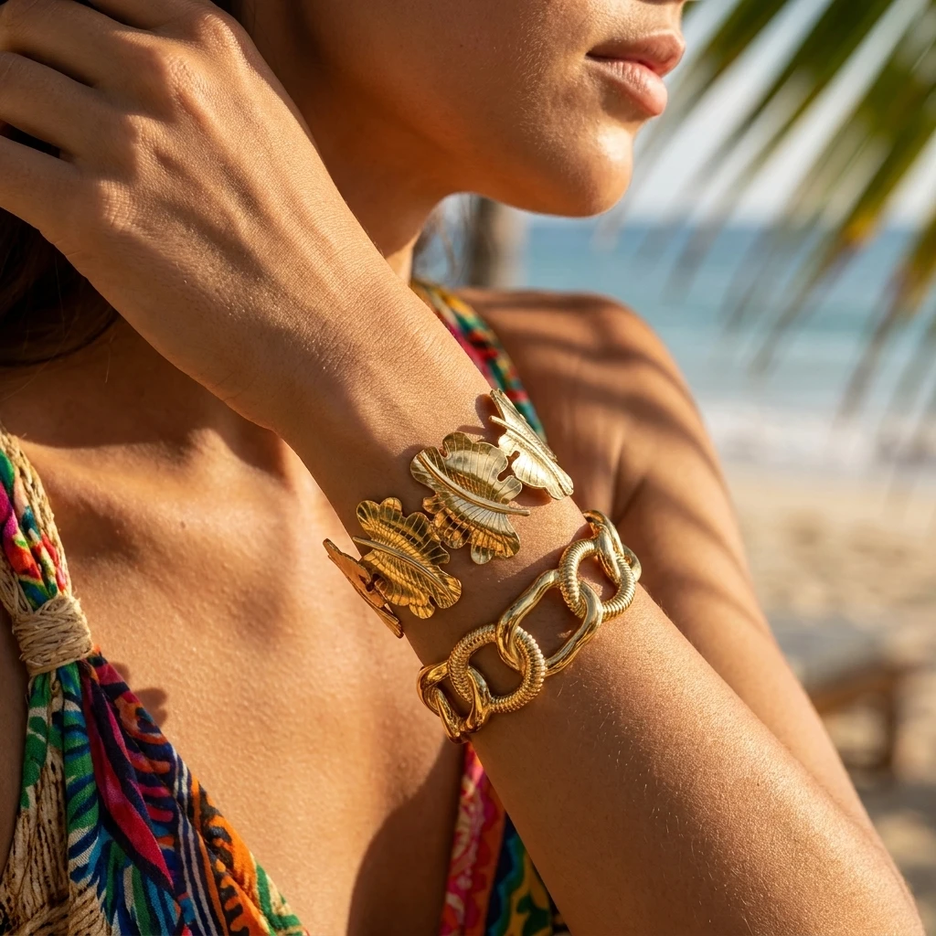Tropical Boho Leaf Texture Cuff Bangle for Women Gold Color Stainless Steel Waterproof Summer Resort Botanical Jewelry
Tropical Boho Leaf Texture Cuff Bangle for Women Gold Color Stainless Steel Waterproof Summer Resort Botanical Jewelry