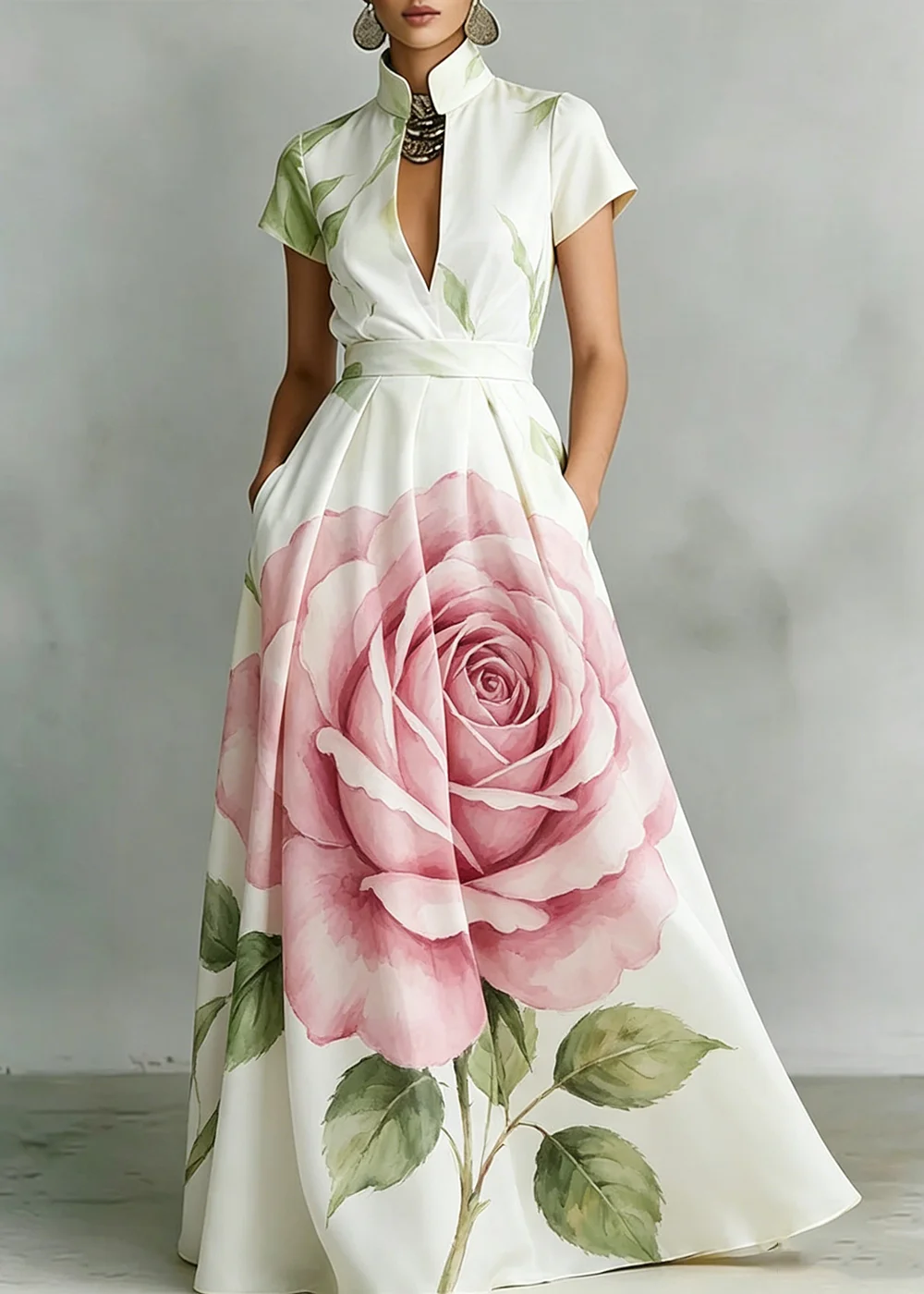 Women's Elegant Maxi Dress Stand Collar Big Watercolor Single Rose Print Short Sleeve Pocket Summer Everyday Vacation Outfit
Women's Elegant Maxi Dress Stand Collar Big Watercolor Single Rose Print Short Sleeve Pocket Summer Everyday Vacation Outfit