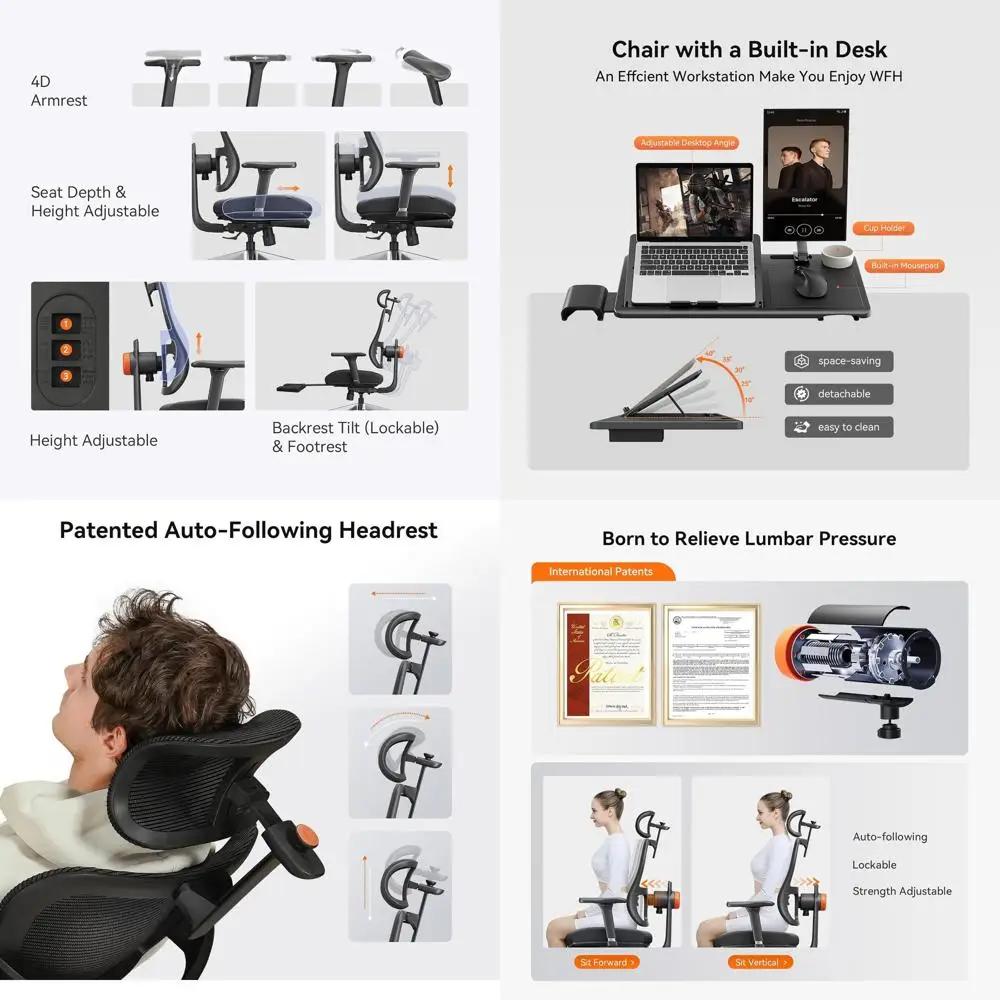 Ergonomic Office Chair with Footrest, Adjustable Backrest, 4D Armrests, 96-136° Recline, Black, Laptop Table Included
Ergonomic Office Chair with Footrest, Adjustable Backrest, 4D Armrests, 96-136° Recline, Black, Laptop Table Included