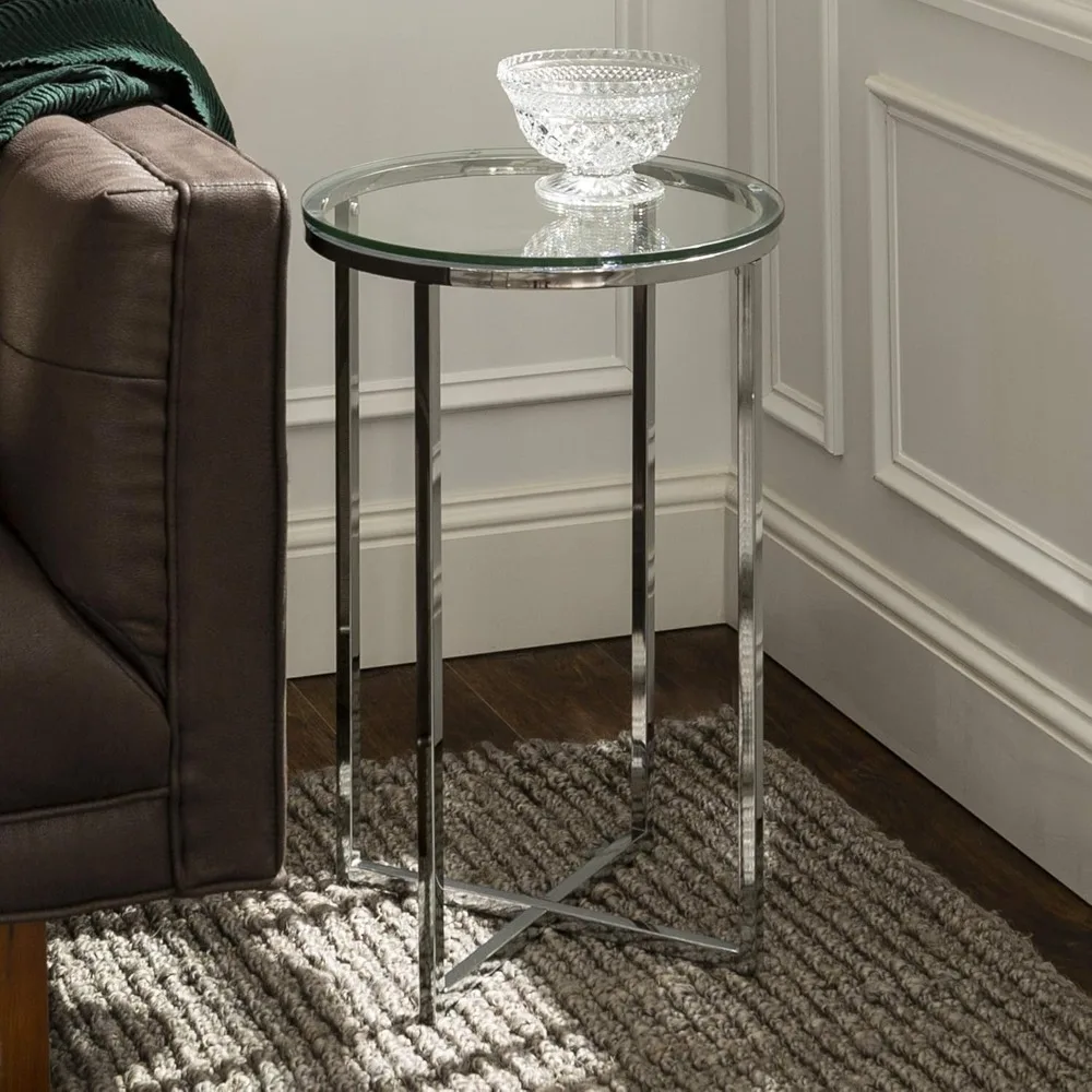 Modern Glass Top Round Accent Table with X Base, 2 pack, Glass and Chrome
Modern Glass Top Round Accent Table with X Base, 2 pack, Glass and Chrome